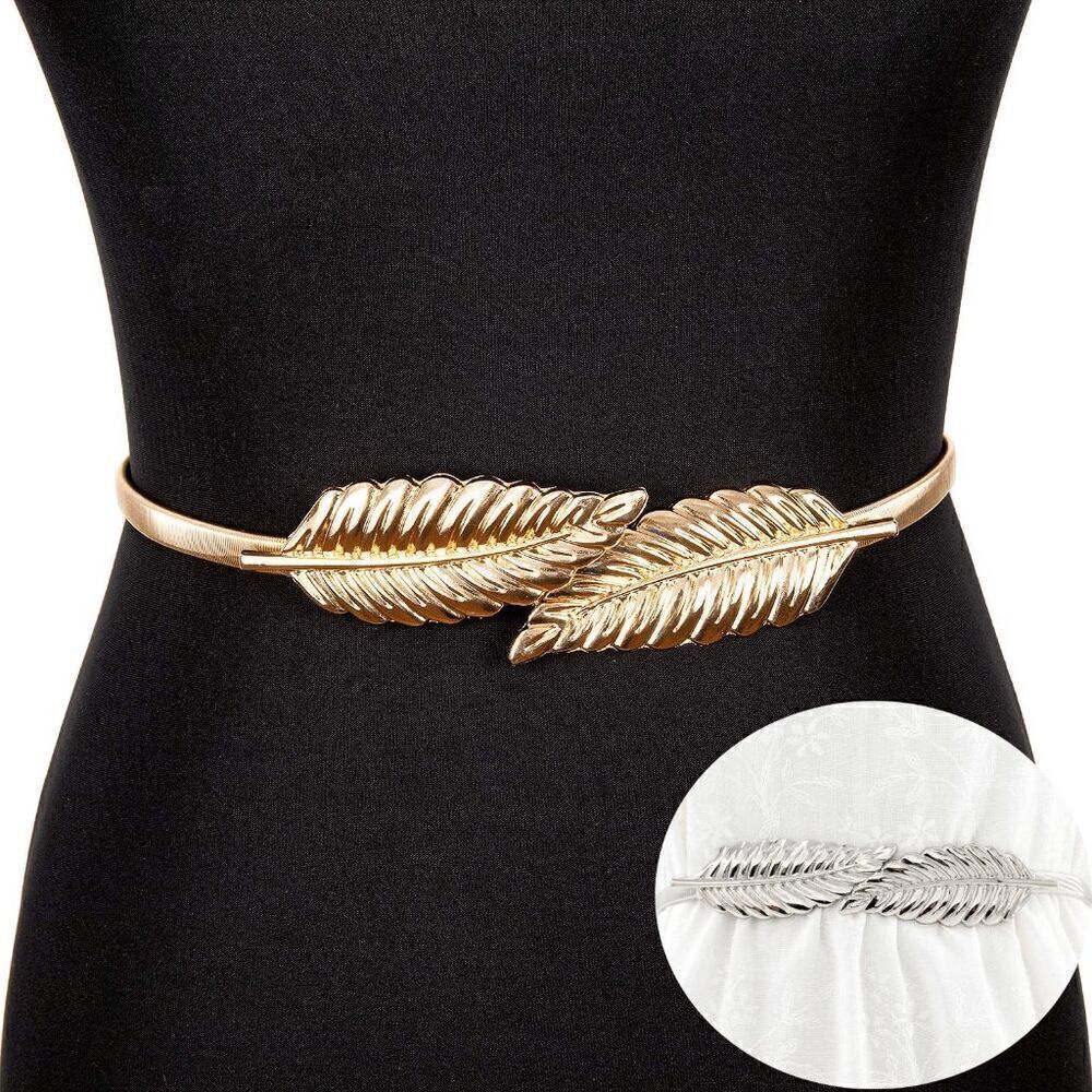 ✨🍃 Leaf Buckle Stretchy Elastic Greek Goddess Gold Silver Metal Dress Belt NEW